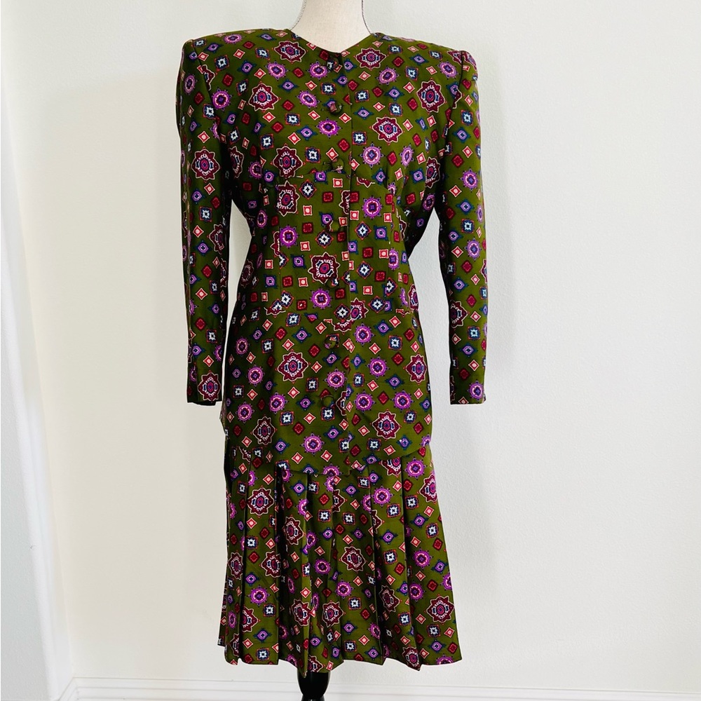 Baldanza 100% Silk‎ skirt suit set Green floral pattern size 8